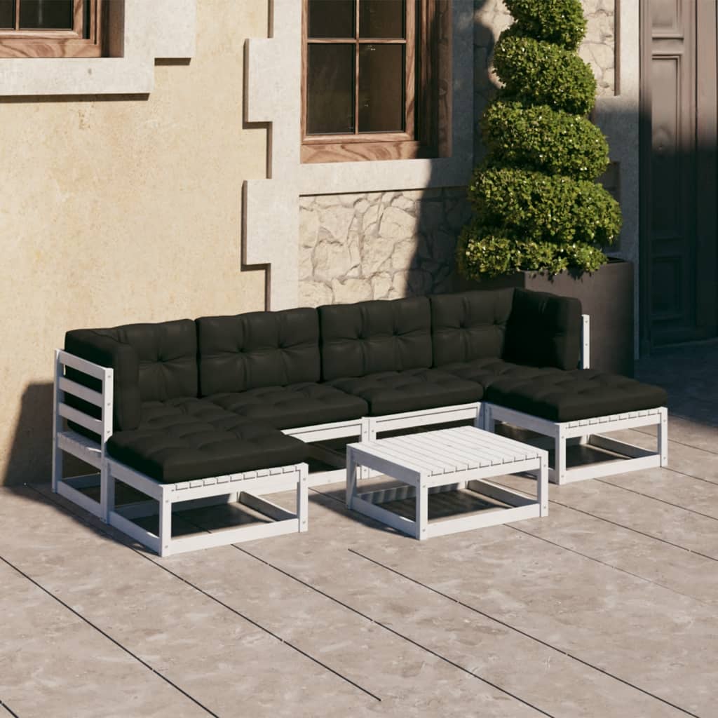 7-tlg. Garten-Lounge-Set mit Kissen Weiss Kiefer Massivholz